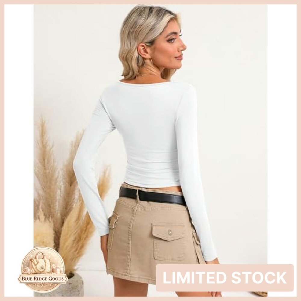 Long Sleeve Crop Tops Slim Fit Y2K Chic Layering Basic Shirts - Picture 3 of 8